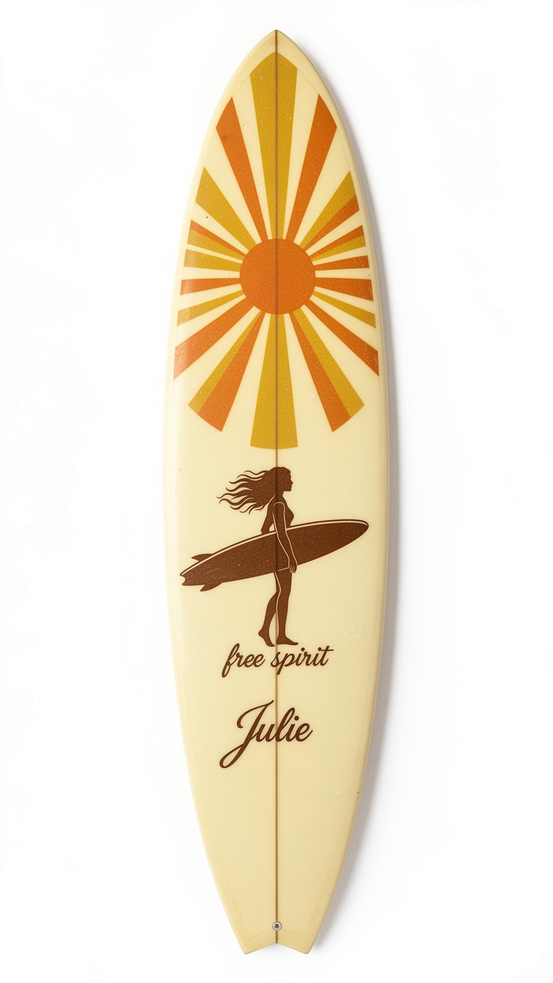 Direction A — Free Spirit Sun, soleil radial 70's & silhouette de surfeuse