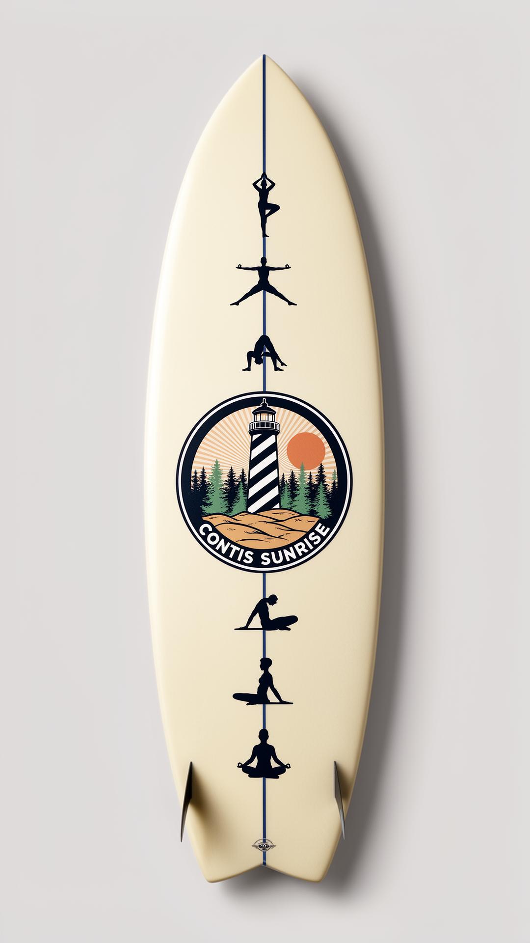 Direction A — Contis Sunrise, badge phare & dune avec postures de yoga le long du stringer