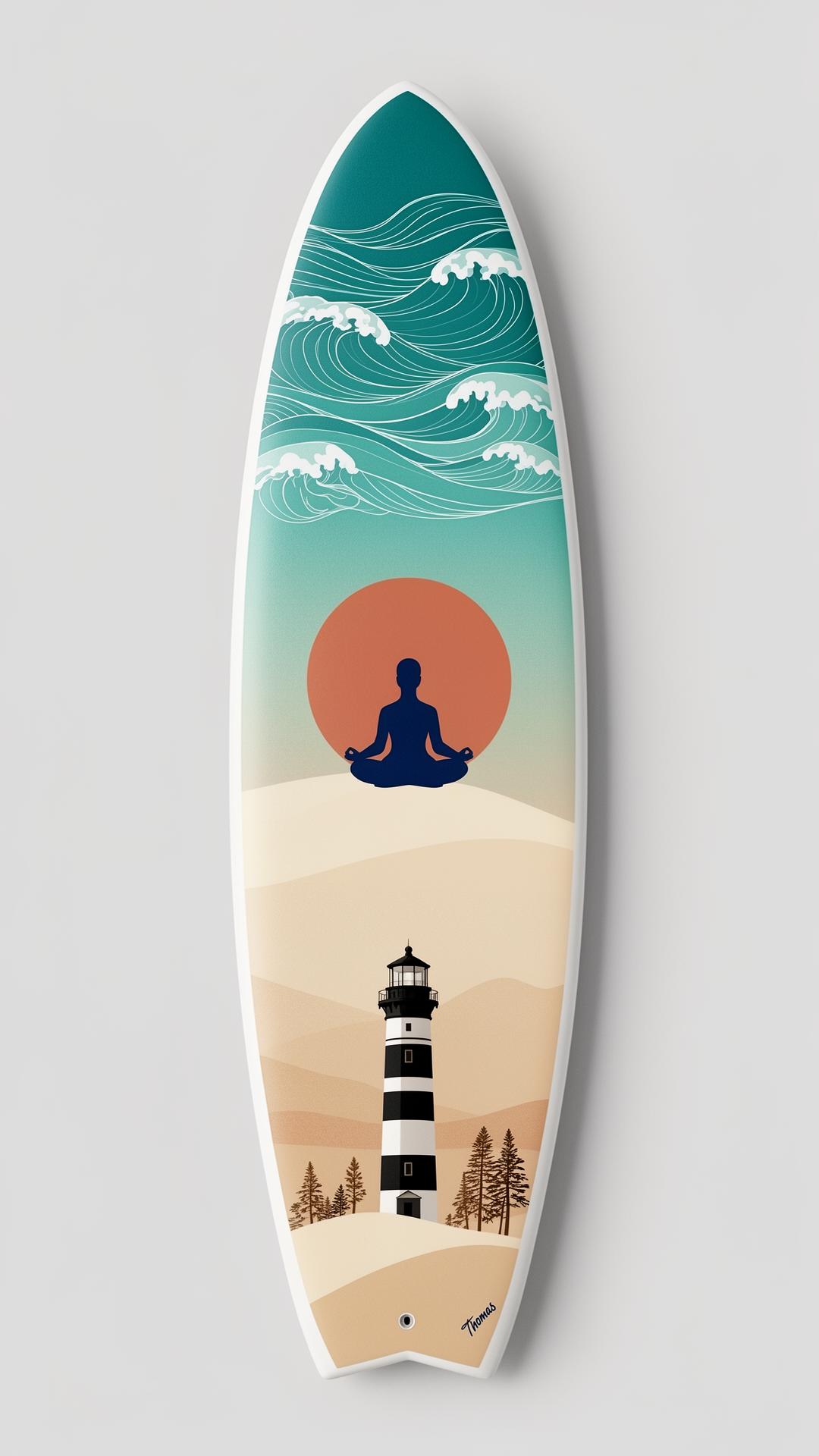 Direction B — Dune Lotus, badge méditation sur la dune avec phare et vague