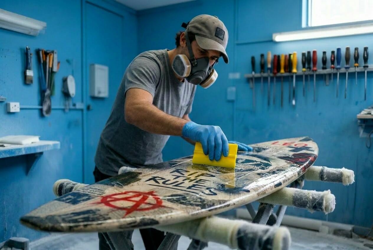 Shaper en train de travailler une planche dans son atelier, album photo posé à côté